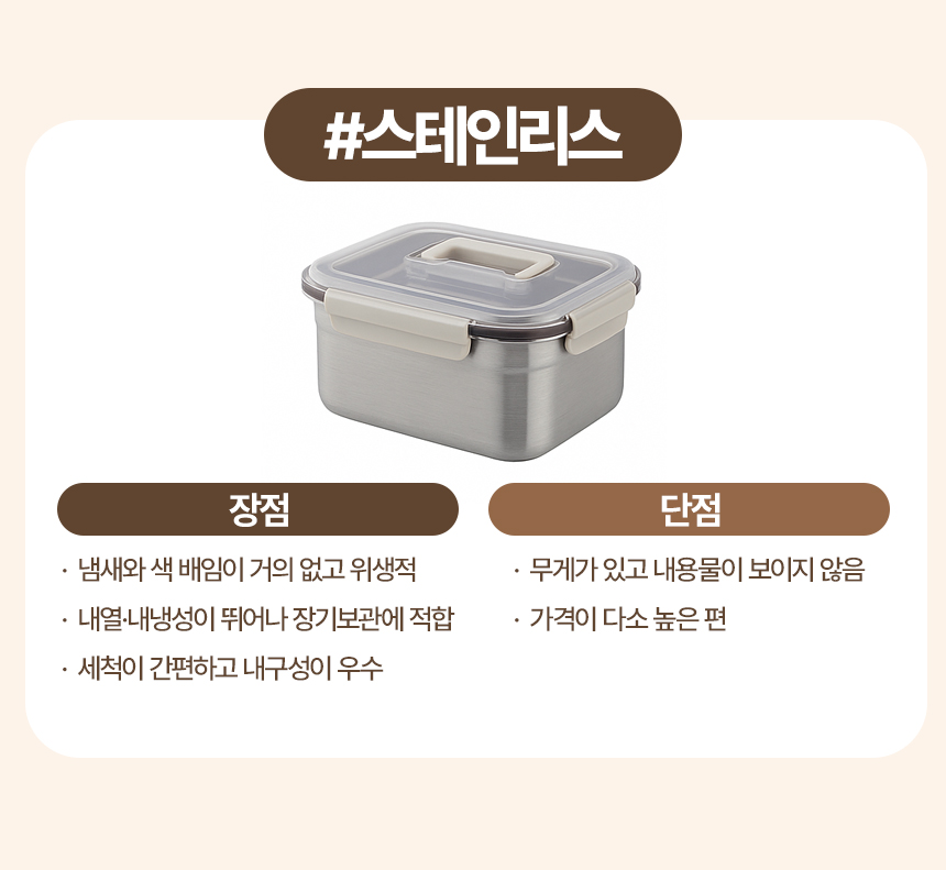 스테인리스
장점
· 냄새와 색 배임이 거의 없고 위생적
· 내열·내냉성이 뛰어나 장기보관에 적합
· 세척이 간편하고 내구성이 우수
단점
· 무게가 있고 내용물이 보이지 않음
· 가격이 다소 높은 편