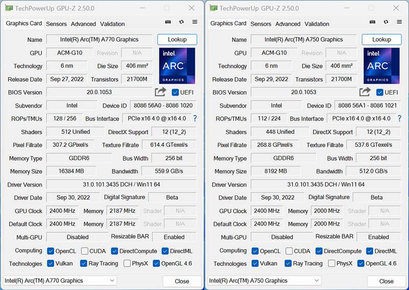 GPU-Z를 통해 확인한 인텔 아크 A770(좌)와 A750(우) 결과. 출처=IT동아 