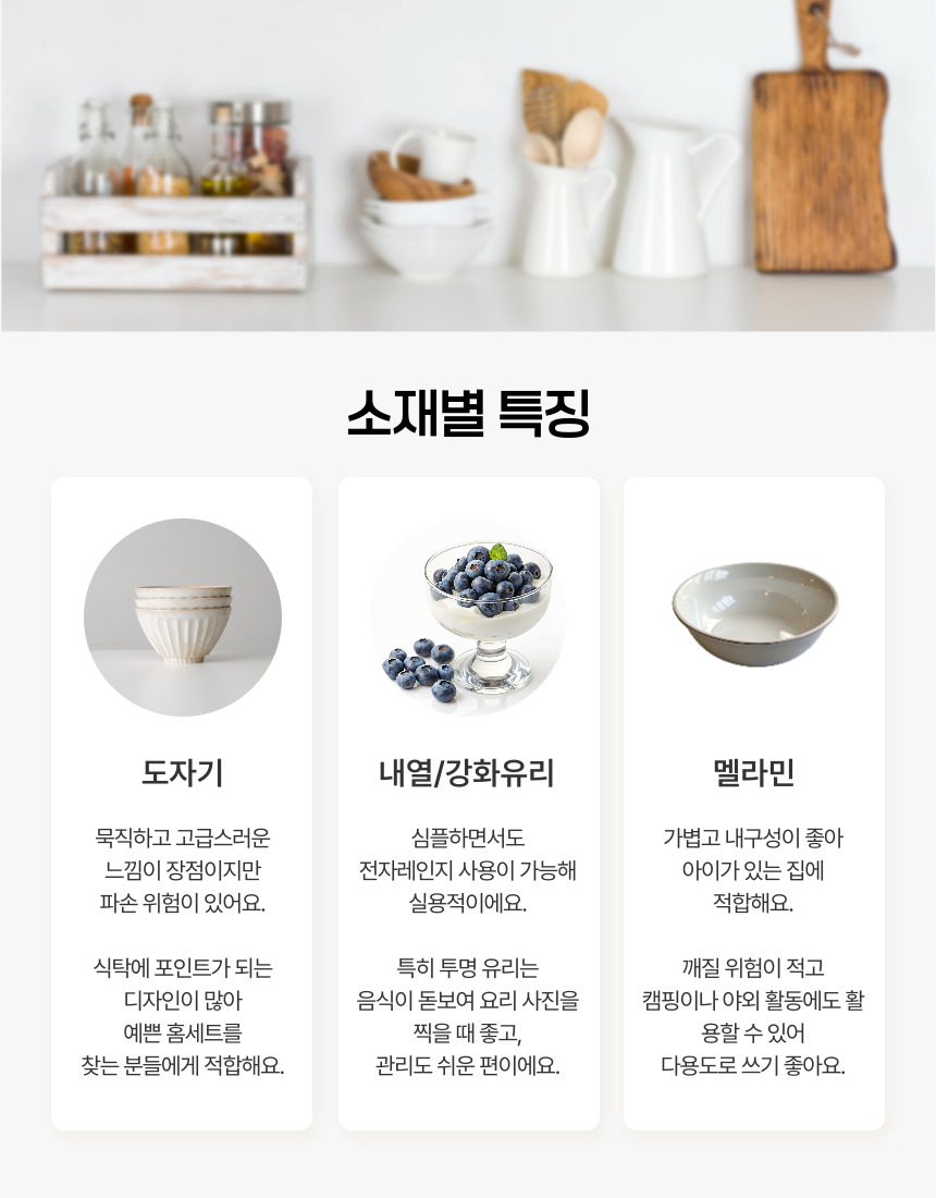 도자기는 묵직하고 고급스러운 느낌이 장점이지만 파손 위험이 있어요. 식탁에 포인트가 되는 디자인이 많아 예쁜 홈세트를 찾는 분들에게 적합해요. 내열 및 강화유리는 심플하면서도 전자레인지 사용이 가능해 실용적이에요. 특히 투명 유리는 음식이 돋보여 요리 사진을 찍을 때 좋고, 관리도 쉬운 편이에요. 멜라민은 가볍고 내구성이 좋아 아이가 있는 집에 적합해요. 깨질 위험이 적고 캠핑이나 야외 활동에도 활용할 수 있어 다용도로 쓰기 좋아요.