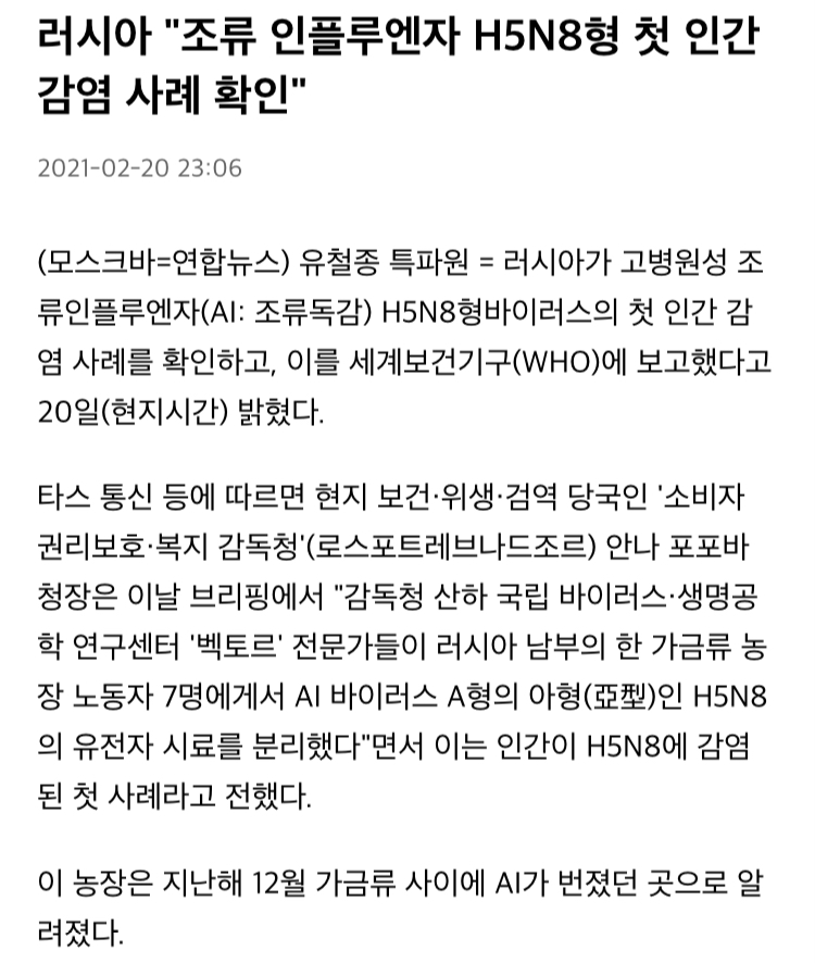 러시아 조류독감 첫 인간감염 사례 확인 세계보건기구 보고 - 에누리 쇼핑지식 자유게시판
