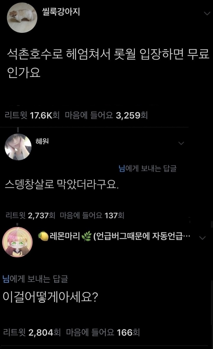 석촌호수로 헤엄쳐서 롯데월드 입장하면 무료인가요? - 에누리 쇼핑지식 자유게시판