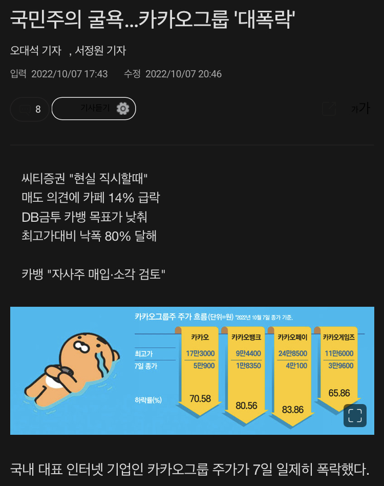 국민주 카카오그룹주 대폭락 - 에누리 쇼핑지식 자유게시판