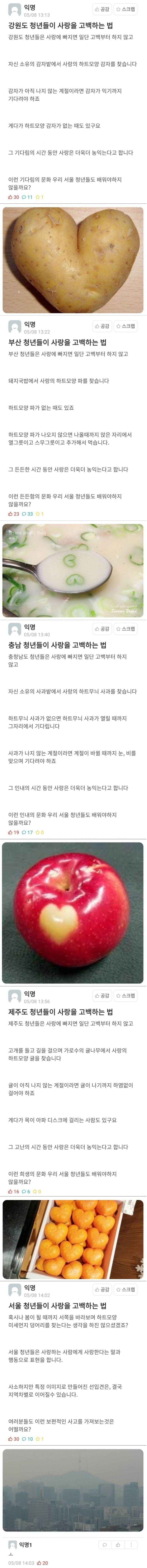 지역별 청년들이 고백하는 방법