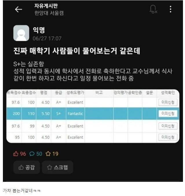 실제 존재하는 S+ 학점