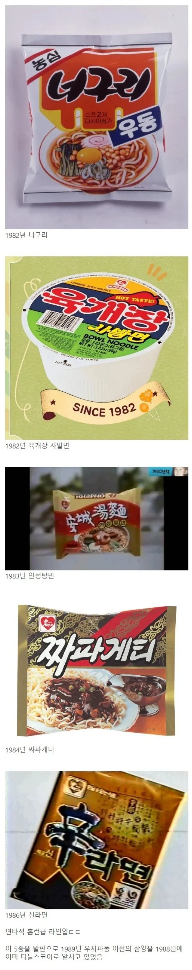 농심이 80년대 개발한 라면들 라인업