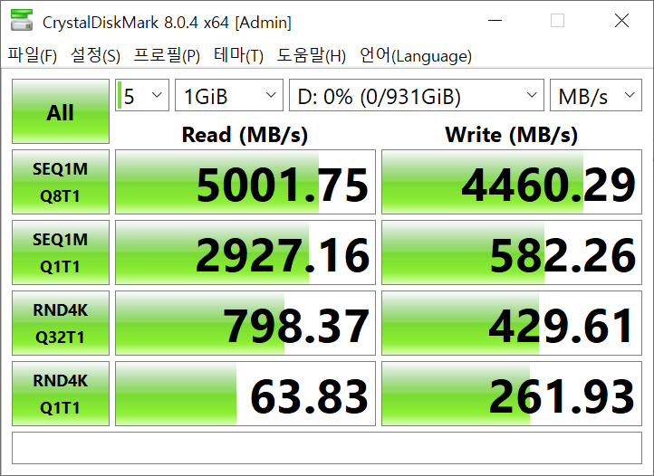 ▲ 아이언울프 525 1TB 버전으로 속도를 확인해 봤다. 순차 읽기, 순차 쓰기 속도가 공식 표기 속도에 맞게 측정된다.