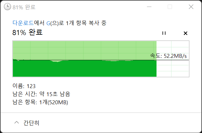 ▲ 윈도우 시스템에서 간이 NAS로 파일 복사 시 속도는 52.2MB/s로 확인된다.