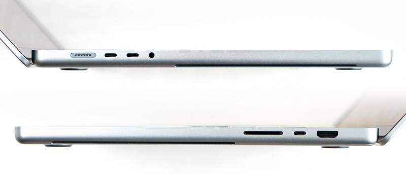 좌측면에 맥세이프 3 및 두 개의 썬더볼트 4 단자, 3.5mm 오디오 단자가 있고, 우측에 SD 단자, 썬더볼트 4 단자, HDMI 단자가 있다. 출처=IT동아
