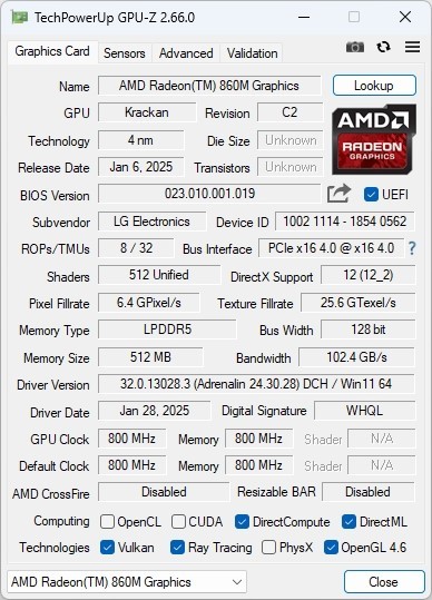 GPU-Z로 본 AMD Radeon 860M 내장 그래픽