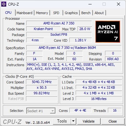 CPU-Z로 본&nbsp;Ryzen AI 7 350 정보