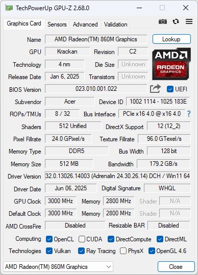 GPU-Z로 본&nbsp;AMD Radeon 860M 내장 그래픽 정보
