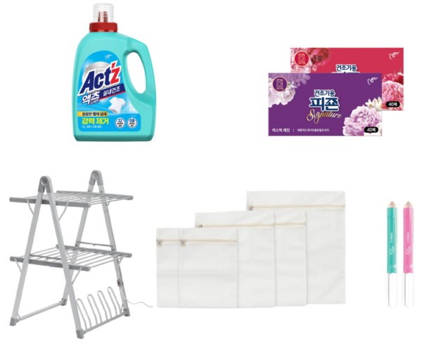 (좌측 상단부터 시계방향) 피죤 ‘액츠 퍼펙트 실내건조’, 피죤 ‘건조기용 피죤 시그니처’, 동아 '싹스틱 리무버',디아르 ‘안심 무형광 세탁망’, 와이즌 '전기 온열 빨래 건조대' (이미지제공=각 사)